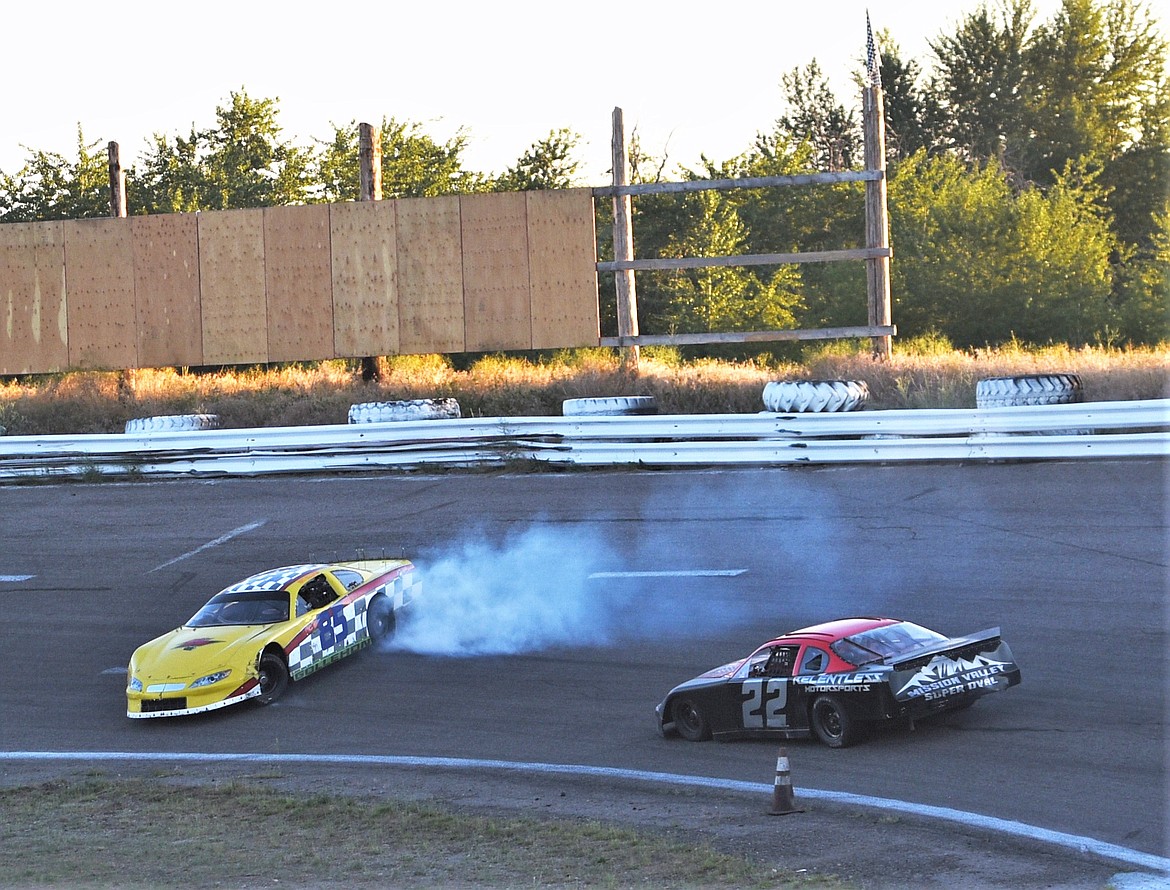 Matt Gollehon of Missoula (85) spins out after getting a nudge from JD Undem of Frenchtown in Turn 1 on Saturday. (Scot Heisel/Lake County Leader)
