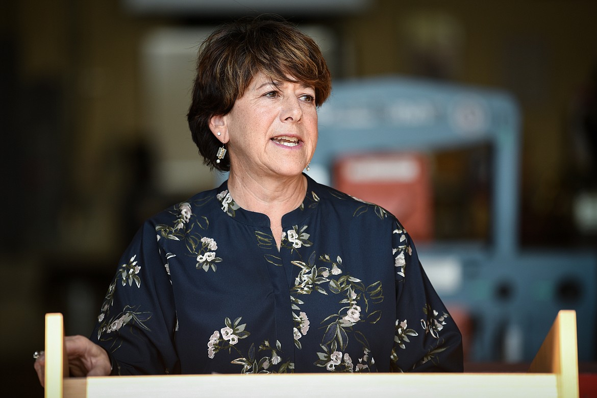 Flathead Valley Community College President Jane Karas speaks during a press conference for U.S. Senator Jon Tester's bipartisan infrastructure package at the Occupational Trades Building at Flathead Valley Community College in Kalispell on Friday, July 9, 2021. (Casey Kreider/Daily Inter Lake)