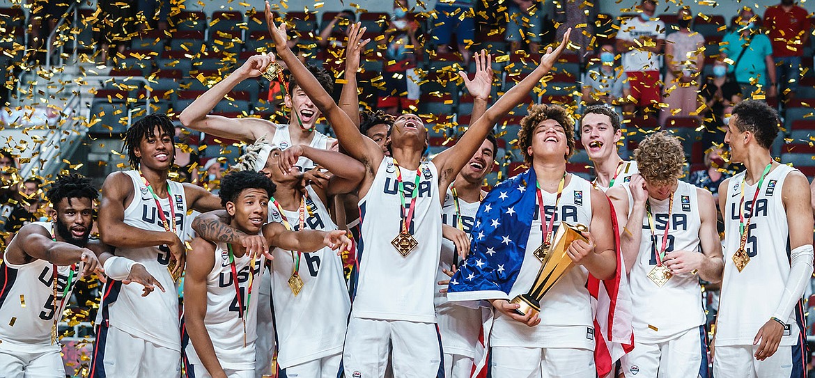 Photo courtesy USA Basketball
Incoming Gonzaga freshman Chet Holmgren, left rear, and his teammates celebrate after the USA won the 2021 FIBA U19 World Cup for Men in Riga, Latvia, on Sunday.