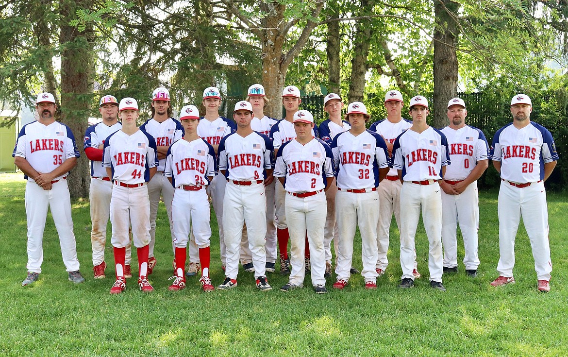 The 19U North Idaho Lakers pose for a team photo at the Sapa-Johnsrud Memorial Tournament this weekend in Whitefish. Front row (from left): Koby Barlow, Dillon Terry, Conagher McCown, Mike Riley, Jack Ringer and Everett Hannah. Back row (from left): coach Shane Brackett, Greg Belgarde, Trevor Brackett, Kody MacDonald, Finn Mellander, Avery Bocksch, Zeke Roop, Mick Koch, coach Brian Riley and coach KC MacDonald.