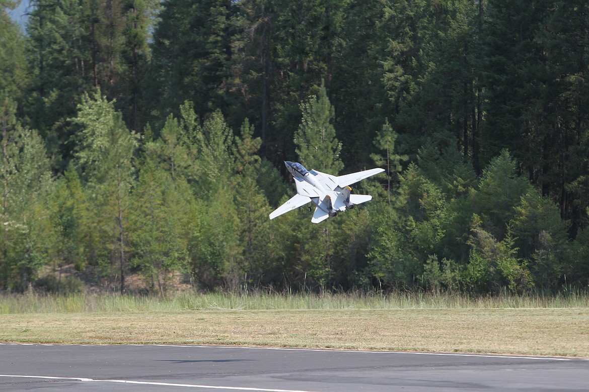 An F-16 replica takes off from the Kootenai Flyers' airstrip on July 10. Hobbyists from Lincoln and Flathead counties enjoyed a day of fun flying along Haul Road.