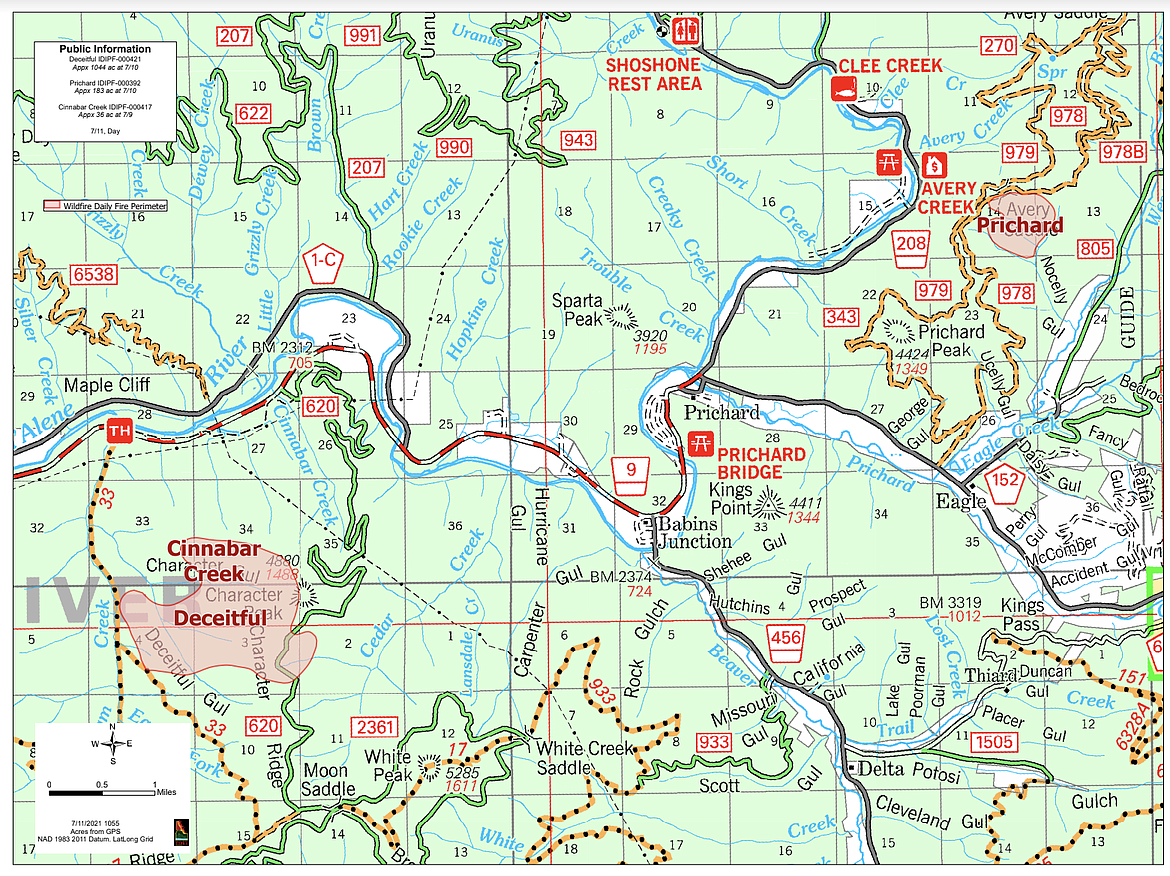 Deceitful, Cinnabar Creek, and Prichard fire map.