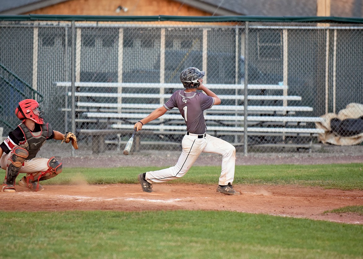 Glacier Twins' Stevyn Andrachick watches as the ball sails over the fence resulting in a home run during a game against the Spokane Cannons at the Sapa-Johnsrud Memorial Tournament in Whitefish on Friday evening. (Whitney England/Whitefish Pilot)