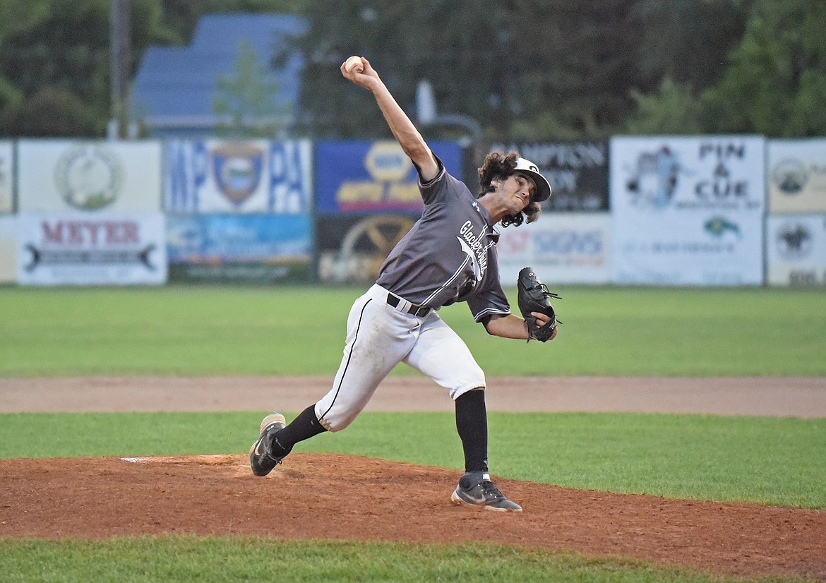 Twins pitcher Jacob Polumbus winds up a pitch during a game against the Spokane Cannons at the Sapa-Johnsrud Memorial Tournament in Whitefish on Friday evening. (Whitney England/Whitefish Pilot)