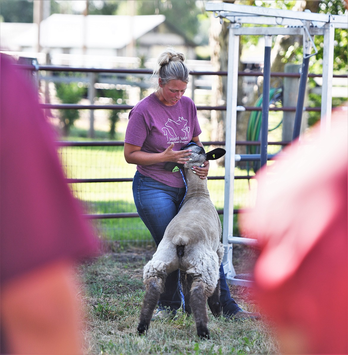 Kayla Lowery of Deer Lodge shows students how to hold a sheep during judging. (Scot Heisel/Lake County Leader)