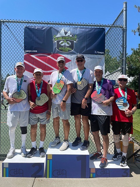 Courtesy photo
Podium finishers in the men's doubles 4.0, age 60-70 division at last week's Coeur d'Alene Classic pickleball tournament at Cherry Hill Park are, from left, Bob Costanza and Fred Shuey, second place; Mark Johnson and Glenn Graf (Mount Pleasant, Iowa), first place; and Jeff Huckestein and Robert Bonaface, third place.