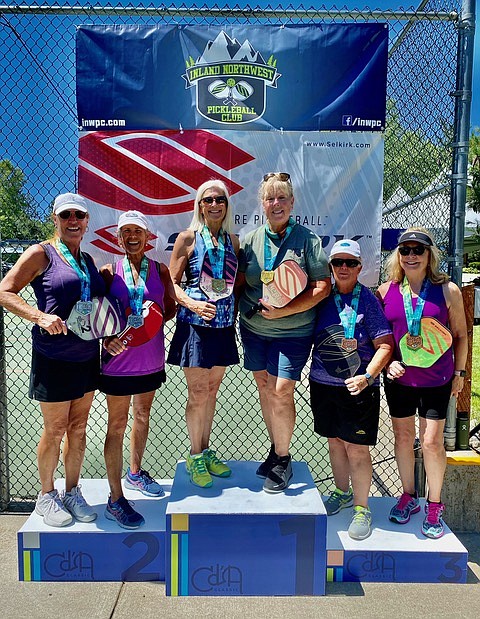 Courtesy photo
Podium finishers in the women's doubles 3.0, age 60-70 division at last week's Coeur d'Alene Classic pickleball tournament at Cherry Hill Park are, from left, Susan Dubois (Coeur d’Alene) and Carol Brennecke (Coeur d’Alene), second place; Candi Pariseau and CZ Zeller, first place; and Jeri Dyer and Sandy Descombes (Coeur d’Alene), third place.