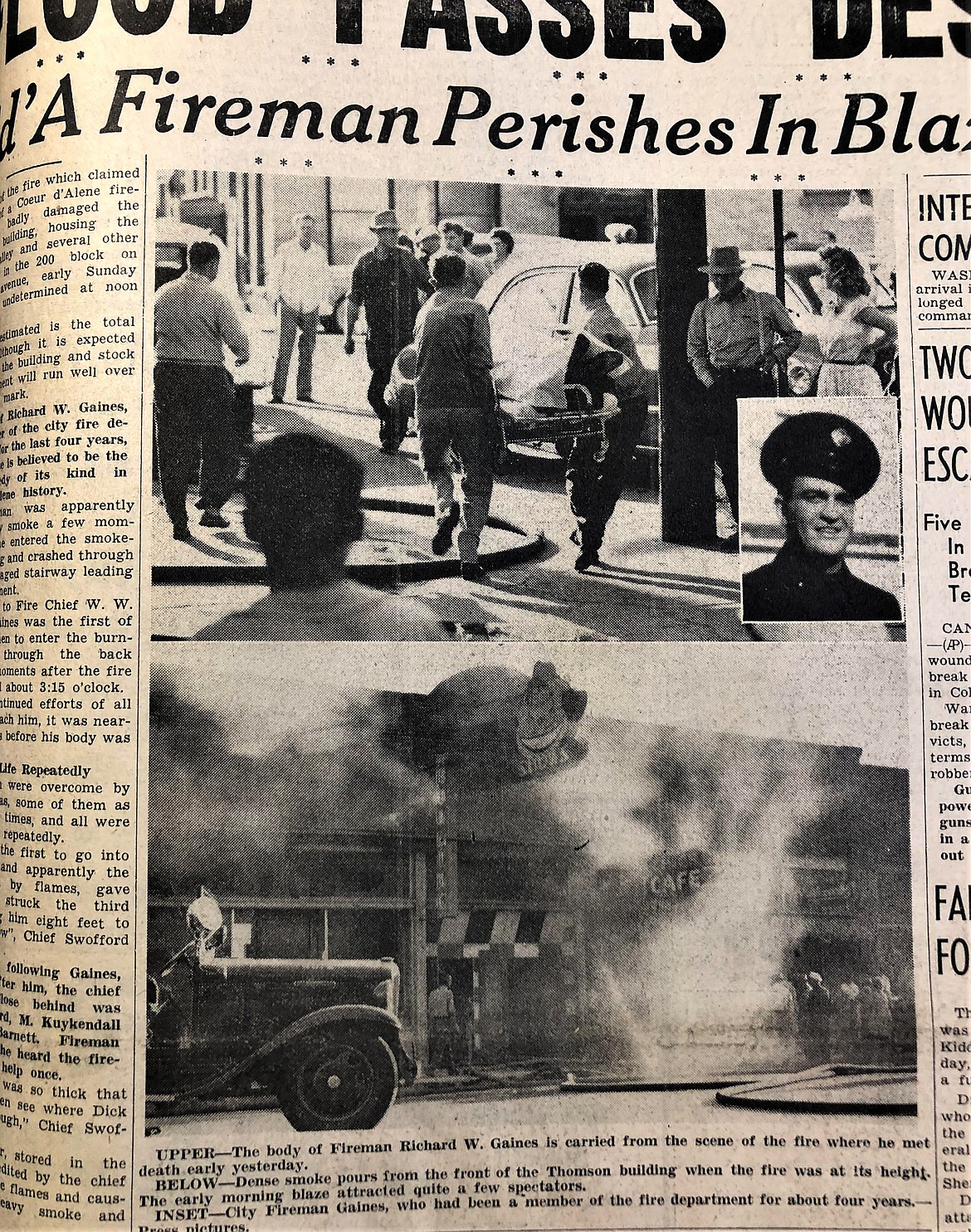 A July 16, 1951, shot of the front page of the Coeur d'Alene Press, reporting the news of firefighter Richard Gaines' death.