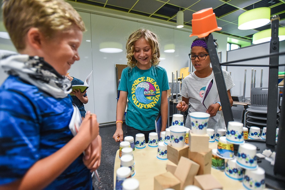 From left, incoming fourth-graders Elijah Walrath, River Knudsvig, Finn Irwin and Lucious Hatch work on a writing exercise during summer school at Muldown Elementary School in Whitefish on Tuesday, July 13. The students were given an abstract subject and asked to use adjectives and transitions to increase their writing stamina. (Casey Kreider/Daily Inter Lake)