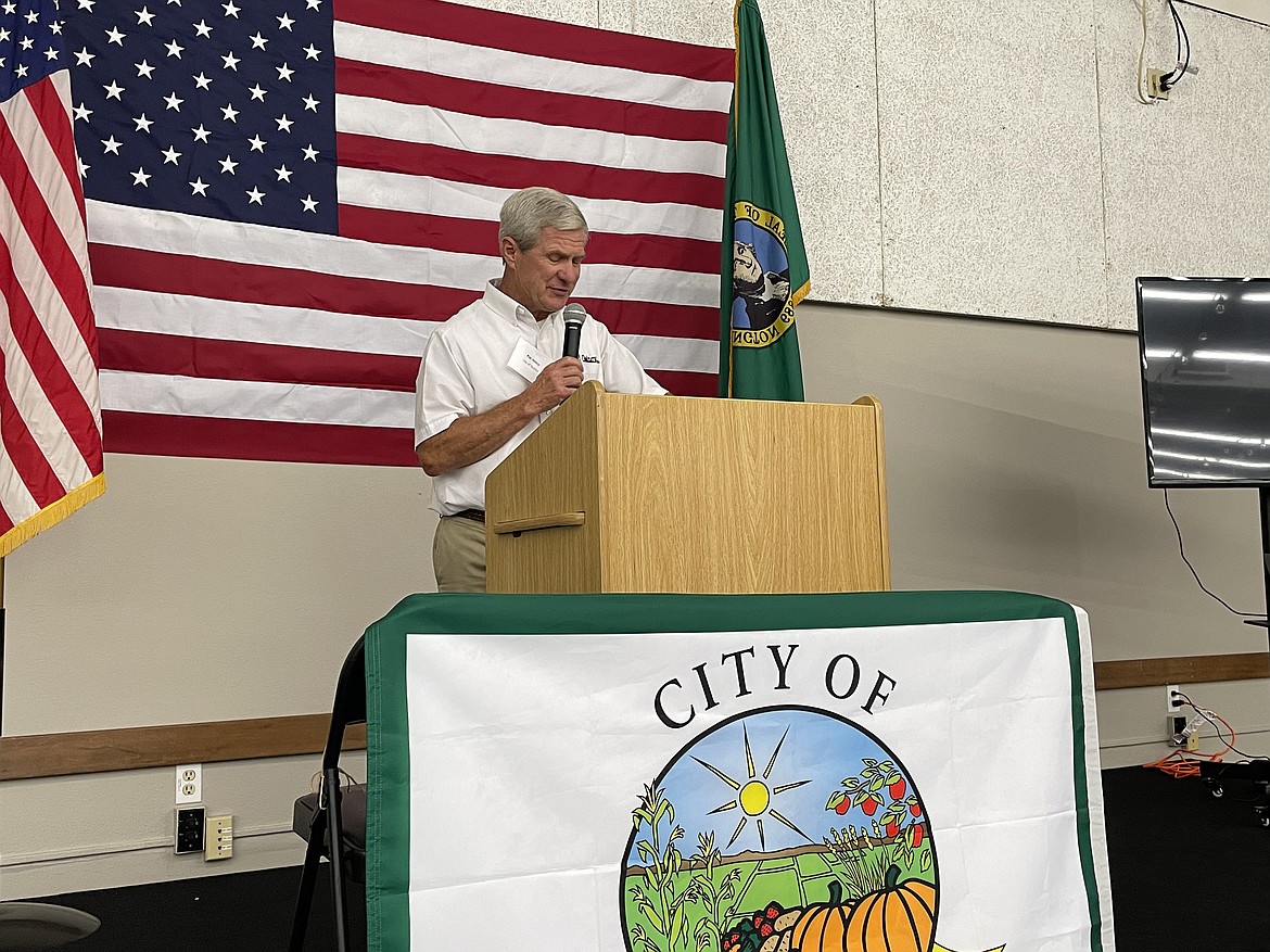 Quincy City Administrator Pat Haley speaking during a short ceremony at the Quincy Valley Business and Conference Center on June 30 formally inaugurating the Quincy Wastewater Reuse Utility (QWRU).