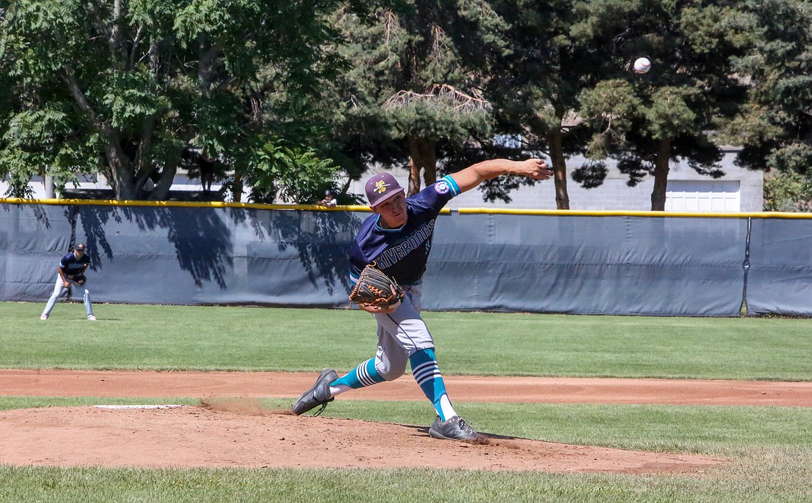 Winston Roberts throws a pitch for the Columbia Basin Riverdogs 18U team on Saturday afternoon against Chaffey at the Babe Ruth League Pacific Northwest 16-18U Regional Championship Tournament in Ephrata.
