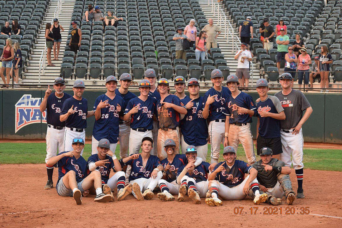 Photo courtesy of STEPHANIE ERICKSON
The Coeur d'Alene Lumbermen AA legion baseball team beat Lewis-Clark 4-3 to sweep the best-of-5 game Area A (district) tournament. In the front row, from left, are: Jackson Scherr, Cooper Larson, Marcus Manzardo, Spencer Zeller, Kyle Bridge, Zach Garza and James Guyer. In the back, are: coach Darren Taylor, coach Mike Criswell, Lucas Erickson, Troy Shepard, LJ Davey, Owen Benson, Cooper Erickson, Austin Taylor, Parker Rimpau, Liam Paddack, Ryan Schneider, Joe DuCoeur and coach Andy Beaudry.