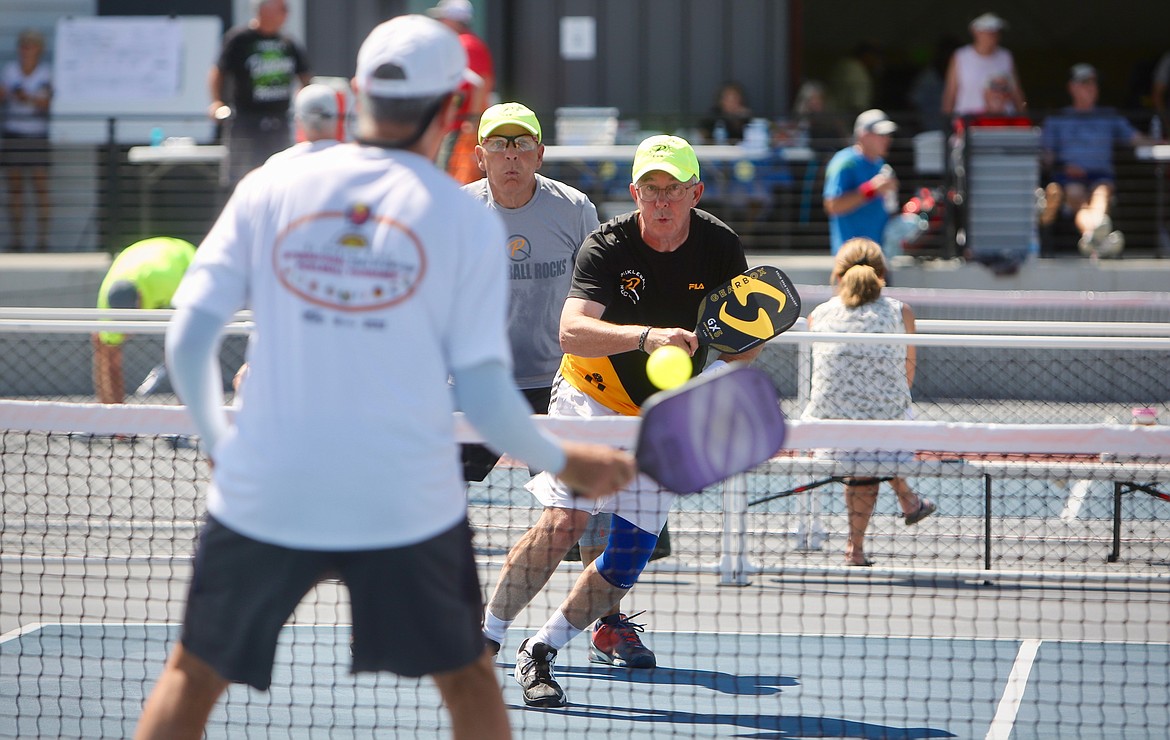 A competitor sends the ball over the net during an energetic game at the 2021 Crown of the Continent Pickleball Tournament on Friday, July 16. 
Mackenzie Reiss/Bigfork Eagle