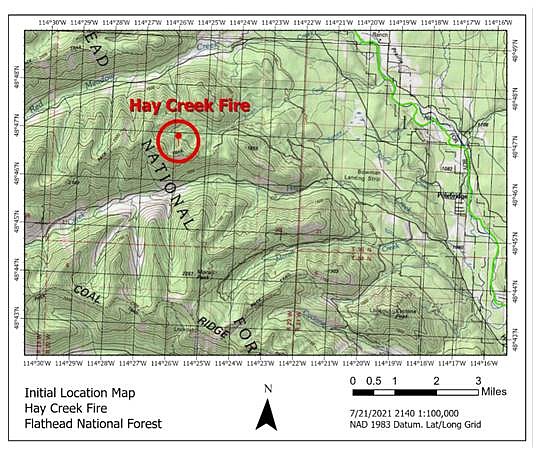 The location of the Hay Creek Fire is shown on a Flathead National Forest topographical map. The blaze was listed at 200 acres Wednesday, July 21, 2021, and is the first significant wildfire reported on the Flathead National Forest in 2021. (U.S. Forest Service)