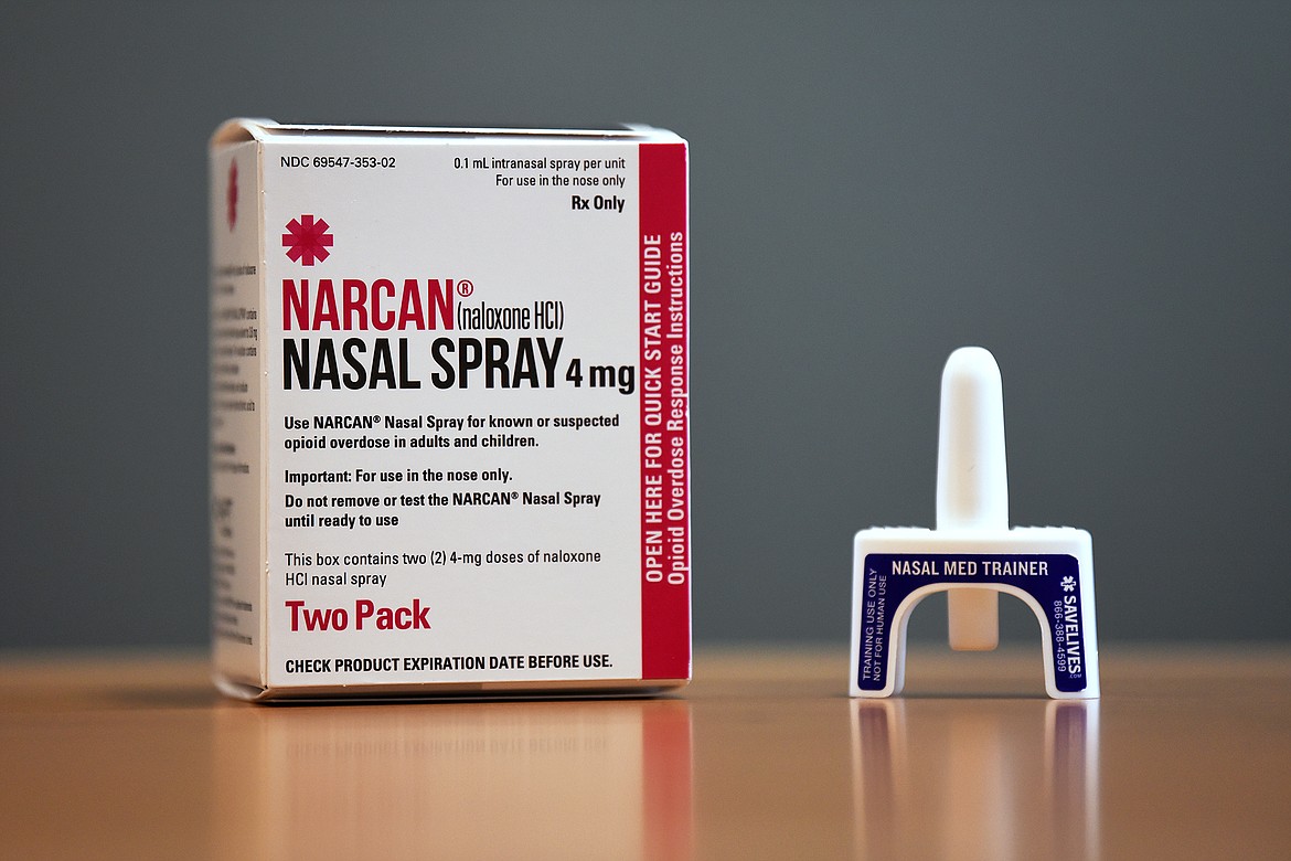 A Narcan nasal spray kit and a nasal med trainer are seen at the Flathead City-County Health Department in Kalispell on Wednesday, July 21, 2021. (Casey Kreider/Daily Inter Lake)