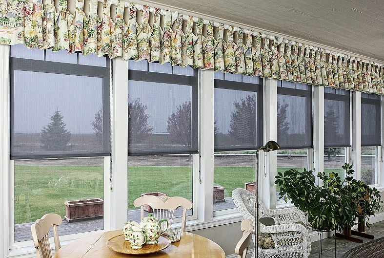 Solar shades, like the ones pictured, are popular with homeowners for their low maintenance and have increased in popularity in recent years.