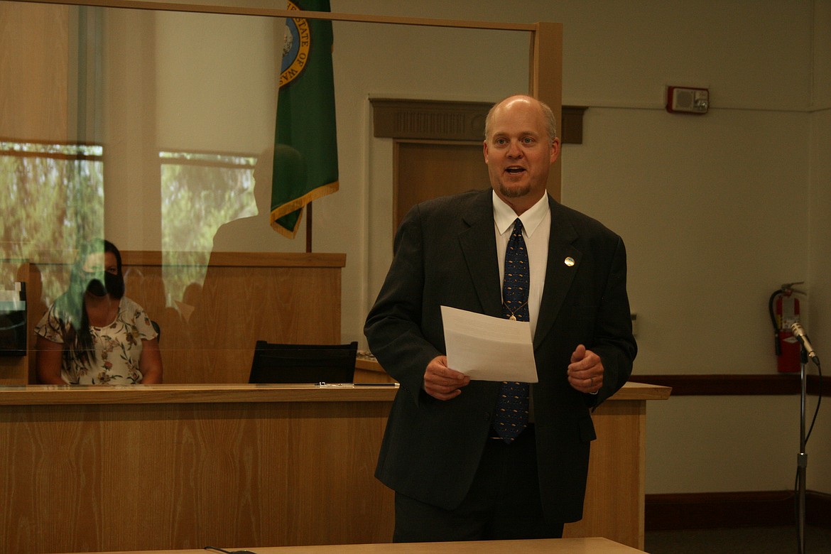 New Grant County District Court Judge Brian Gwinn speaks to the audience during his swearing-in ceremony Thursday at the Grant County Courthouse in Ephrata.