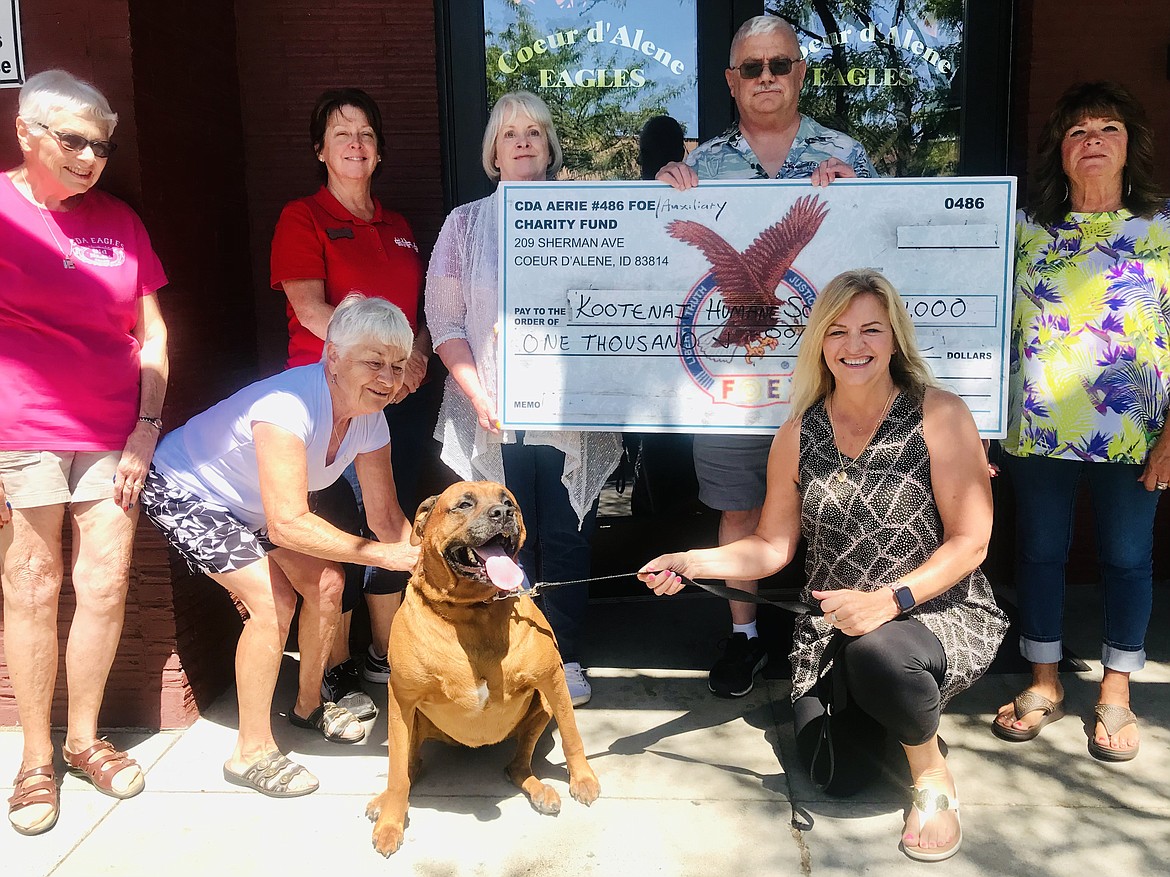 The Coeur d'Alene Eagles No. 486 donated $1,000 to the Kootanai Humane Society toward achieving their goal to build a new facility. Pictured from left back row: Glenna Knepper, Eagles Auxiliary member; Kelly Gill, Kootenai Humane Society volunteer coordinator; Debbie Jeffrey, Kootenai Humane Society director; Scott Sutherland, Aerie secretary; and Debbie Magnuson, Auxiliary trustee. Front row: Julie Robinson, Auxiliary chaplain, Phoenix, friend to all; and Barb Smalley, Auxiliary president.