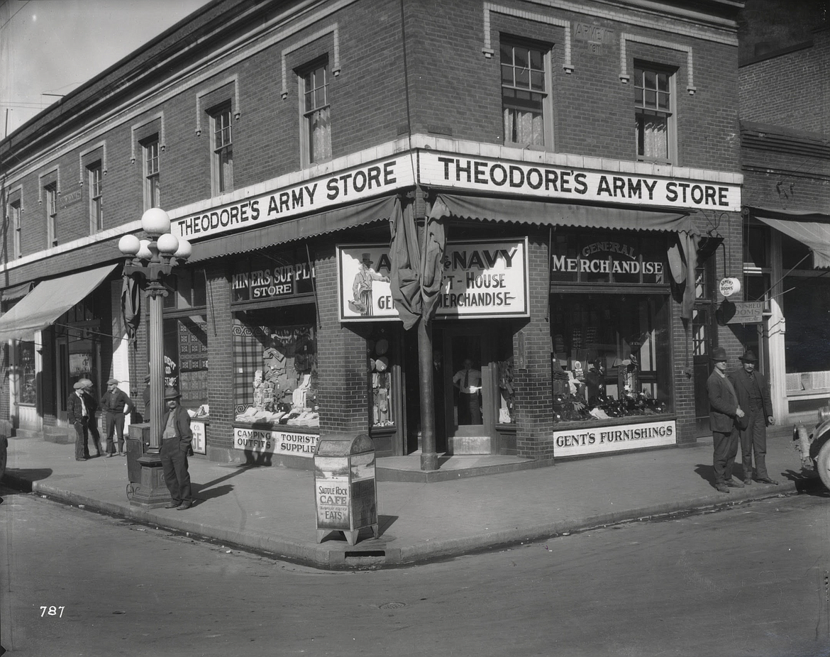 The bottom level of the Arment building as Theodore's Army Store in the 1920s.