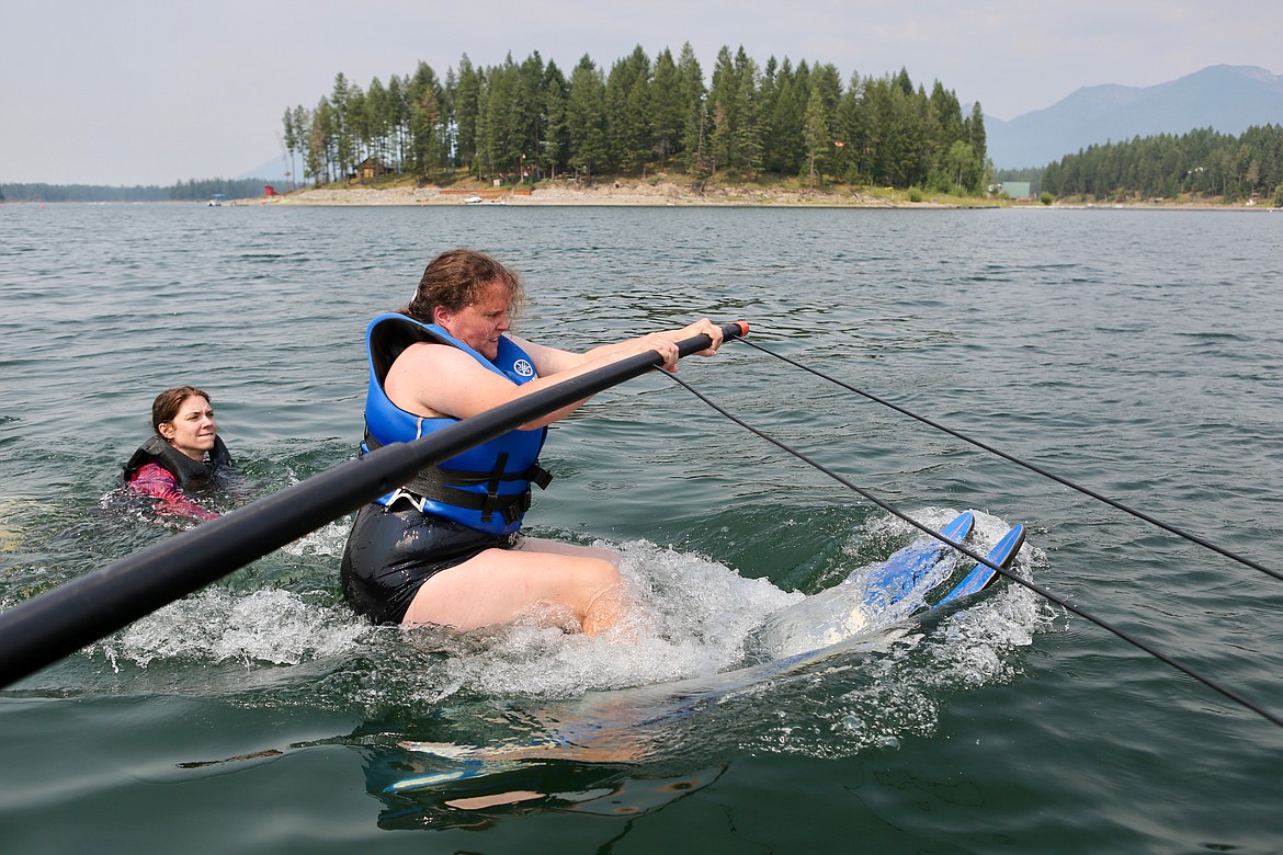 Leanne Shephard nearly stands all the way up while water skiing on Echo Lake.
Mackenzie Reiss/Bigfork Eagle