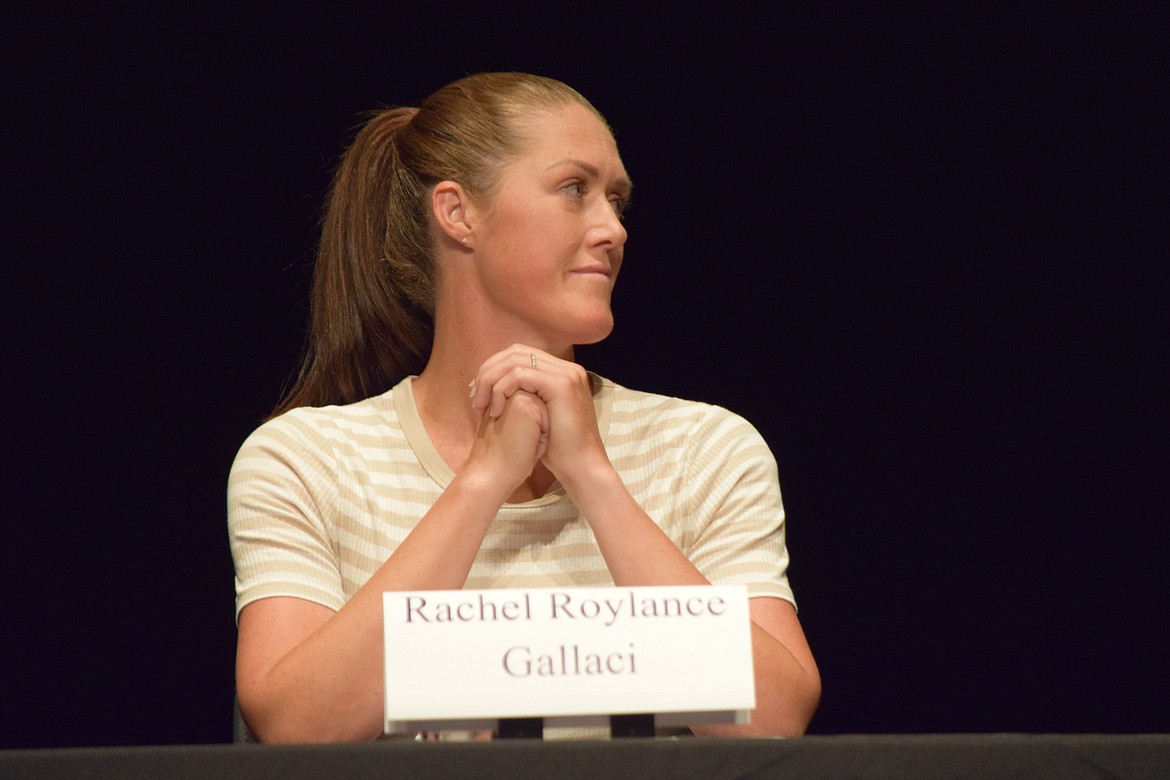 Moses Lake School Board candidate Rachel Roylance Gallacci (with her name misspelled on her name card) sits at Monday’s candidate forum sponsored by the Moses Lake School District.