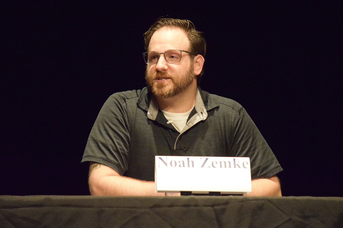 Moses Lake School Board candidate Noah Zemke speaks during Monday’s candidate forum.