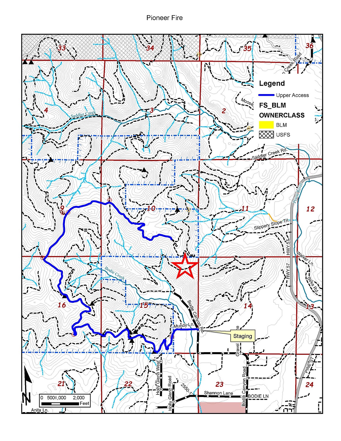 A map of the area near the Pioneer Fire. The fire is located to the north and northwest of the star on the map in sections 10 and 11.