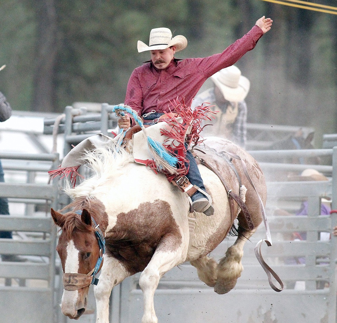Libby's Jason Colclough aboard the horse known as "Ruby Valley" for a ride worth 63 points during the saddle bronc event Saturday evening.
