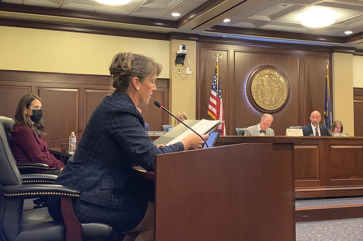 Rep. Priscilla Giddings responds to questions from ethics committee attorney Christopher McCurdy during a hearing to determine if she violated the Idaho Legislature's ethics rules by publicizing the name of a young intern who accused one of Giddings' fellow lawmakers of rape in Boise, Idaho., on Monday. An Idaho lawmaker accused of violating ethics rules by publicizing the name of an alleged rape victim in disparaging social media posts and then allegedly misleading lawmakers about her actions, said in an ethics hearing Monday that she did nothing wrong and claimed the allegations against her were politically motivated.