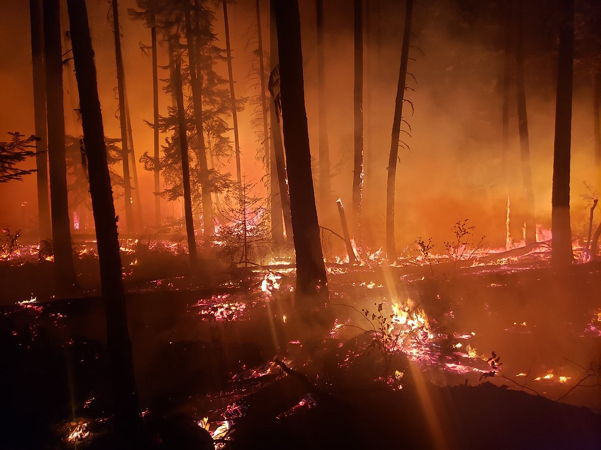 A night operations Division Supervisor from the West Lolo Complex team photographed the Thorne Creek Fire and shared some of the photos on their Facebook page. Fire officials said crews are fighting fire with fire and were having a lot of success keeping it out of the canopy and on the ground where it can be directly suppressed. (U.S. Forest Service photo)