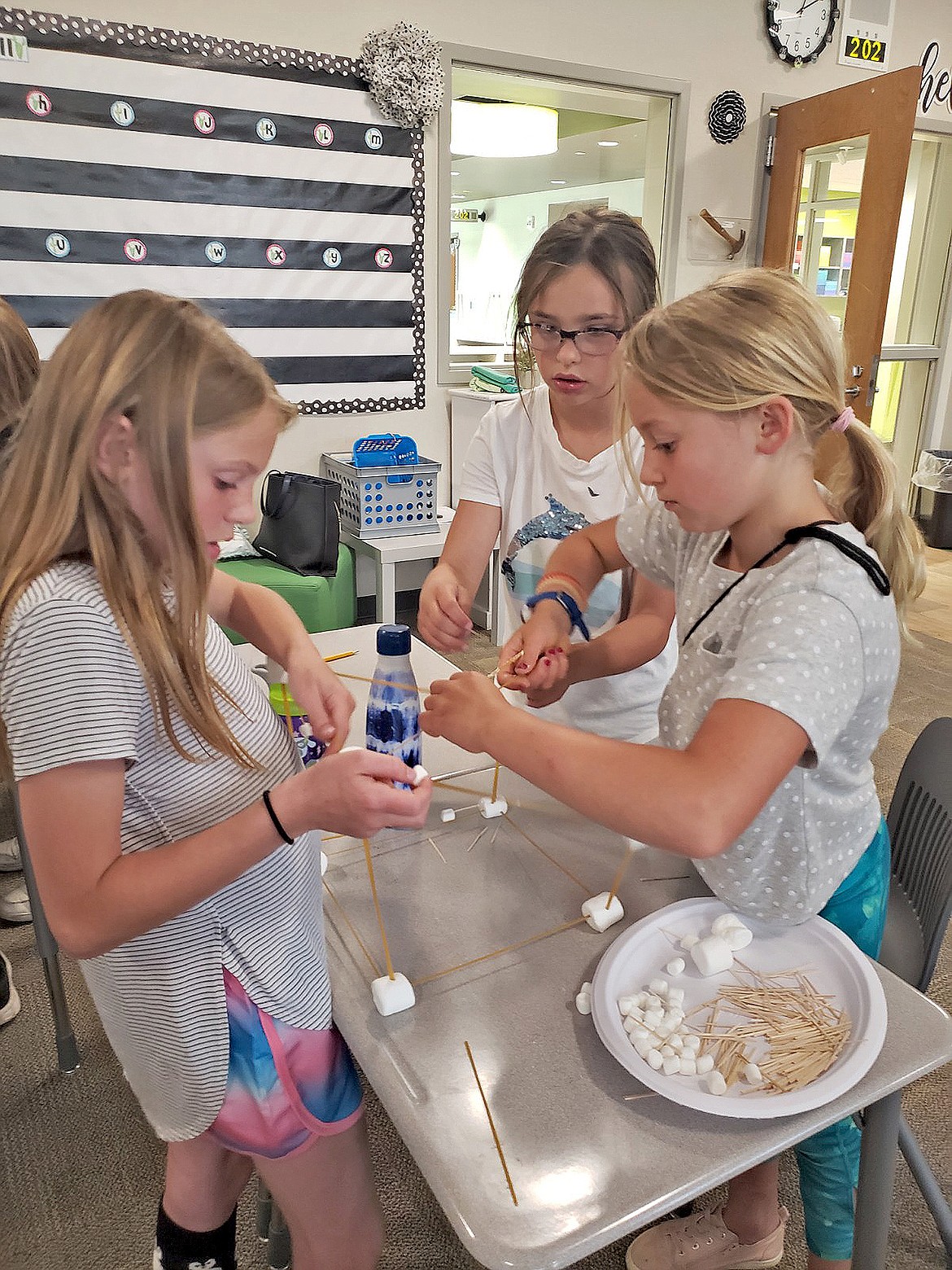 Whitefish students, from left to right, Harper Dauenhauer, Jewel Myers and Isabella Brooks work together in a hands-on project during the Whitefish Summer Learning Program in July at Muldown Elementary School. (Courtesy photo)