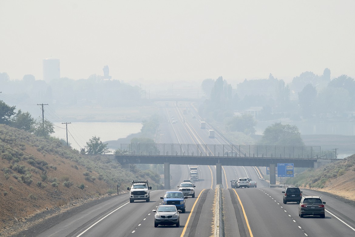 The smoke over Moses Lake is seen looking west along Interstate 90 and across the Peninsula from the Division Street Bridge.