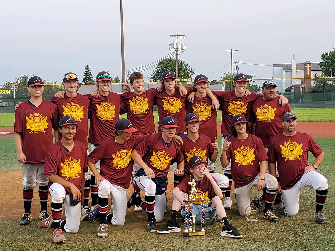 Courtesy photo
The Coeur d'Alene Lumbermen Red won the Washington state A championship on Friday afternoon at Al K. Jackson Field in Spokane. In the back row, from left, are: Braeden Newby, Nate Brillhart, Travis Usdrowski, Jesse Brown, Joe Cohen, Elliot Smart, Cam Davey and coach Manny Azevedo. In the front are: Kyle Seman, Paxon Bunch, Nolan Christ, Bryce Hall, Calvin Coppess and coach Bruce Coppess. Sitting in front is Anthony King.