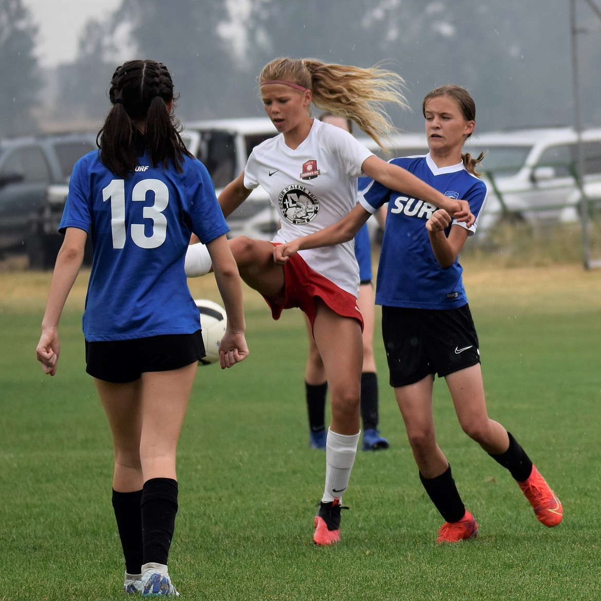 Courtesy photo
Ella Pearson of the Thorns North FC 08 Red plays a ball off of her foot during the team's match in the River City Cup over the weekend in Spokane.