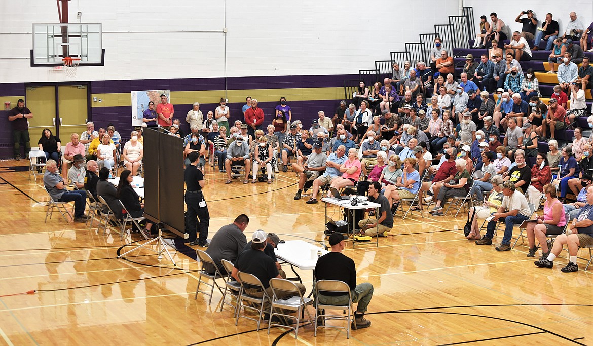 Approximately 300 people attended Monday night's Boulder 2700 Fire community meeting in the gym at Polson High School. (Scot Heisel/Lake County Leader)