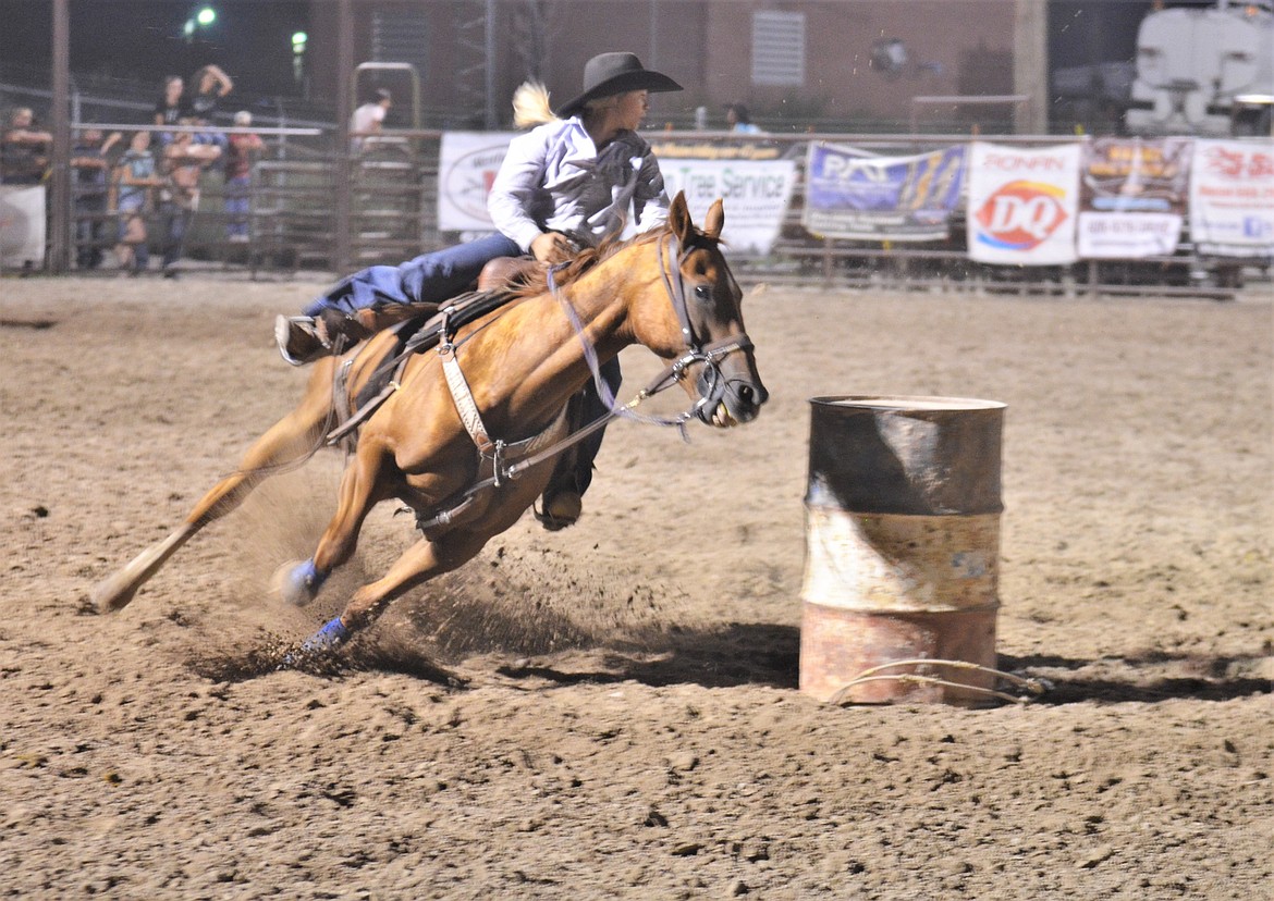 Saturday night youth barrel racing at the Pioneer Days rodeo. (Carolyn Hidy)