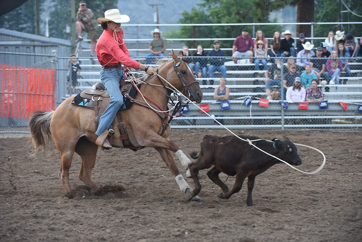 Browning’s Ethan Marceau lassoes a calf in the tie down roping event last Friday at the Mineral County Fair Superior Lions Club “Go for The Gold” Rodeo. (Scott Shindledecker/Mineral Independent)