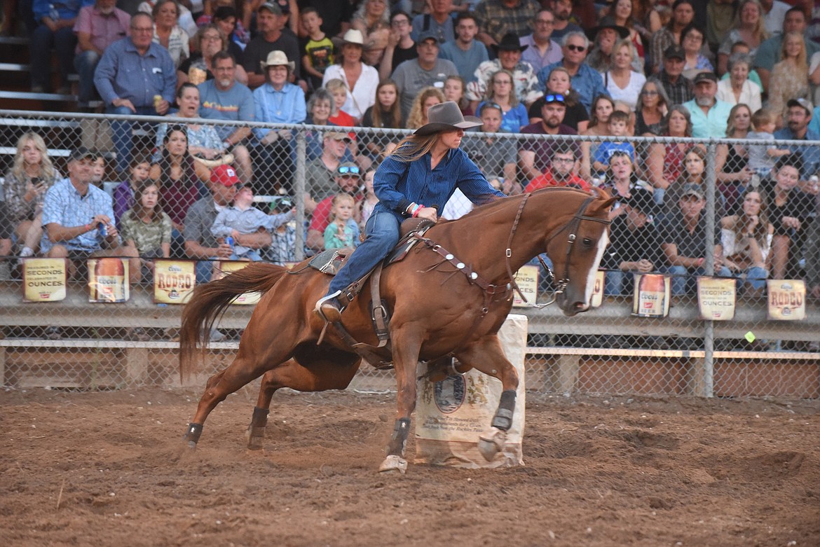 Columbus’ Samantha Flikkema competed in the barrel racing event during the barrel racing event last Friday at the Mineral County Fair Superior Lions Club “Go for The Gold” Rodeo. (Scott Shindledecker/Mineral Independent)