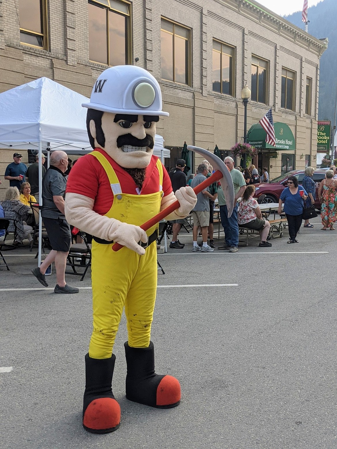 Wallace Jr./Sr. High School mascot Marty the Miner makes an appearance at the Wallace All-Class Reunion on Friday.