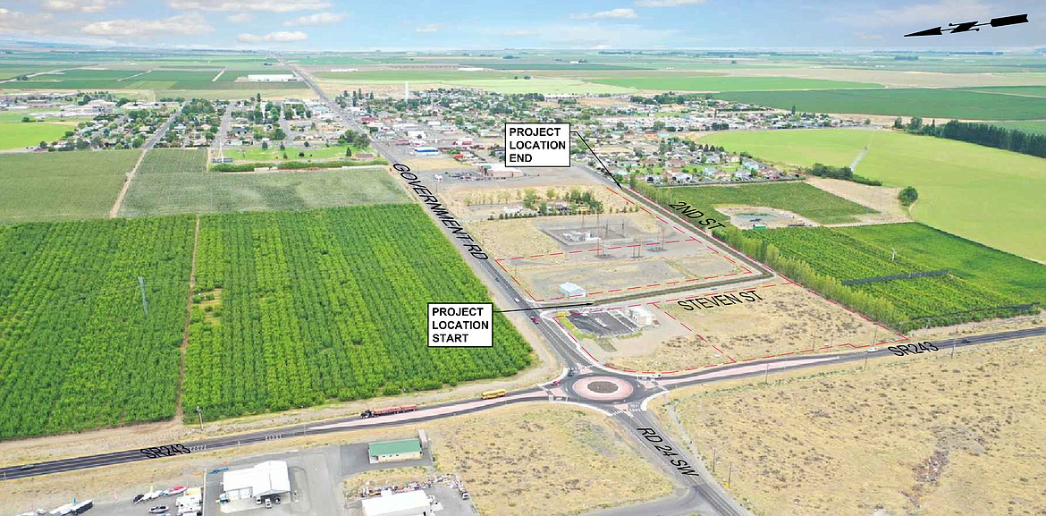 A graphic representation of the city of Mattawa and the proposed project that would create two new roads on the west side of town.