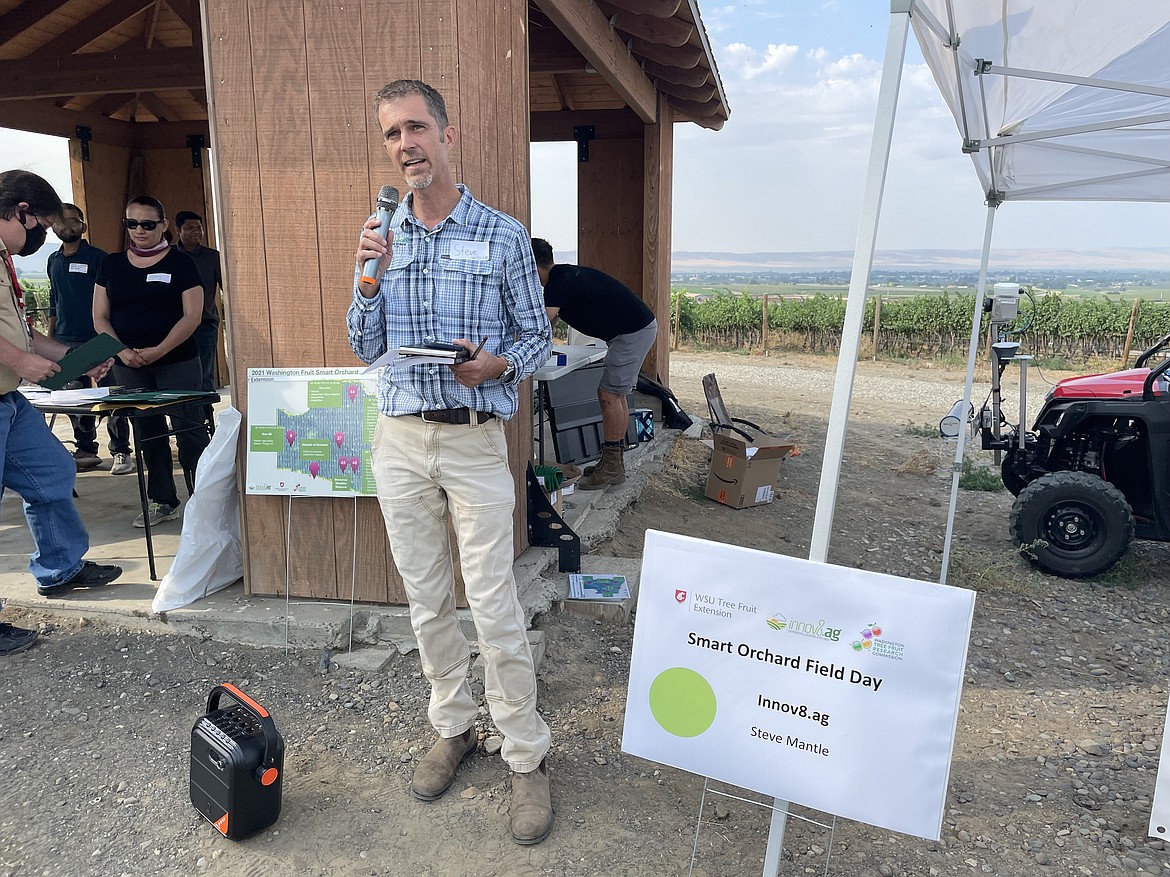 Steve Mantle, founder and CEO of Walla Walla-based innov8.ag, speaking at the start on innov8.ag's field day at Grandview Ranch, where the company has wired 16 acres of Honeycrisp apples for sensors as part of the company's ongoing Smart Orchard project.