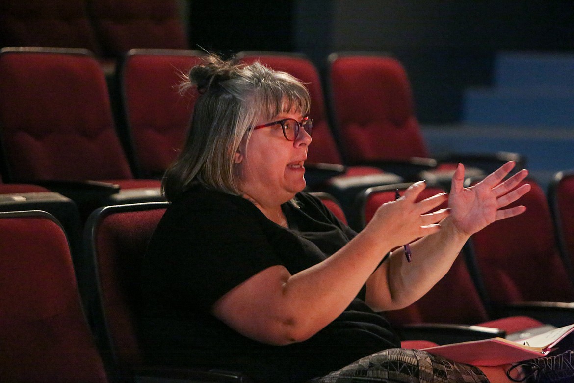 Director Marla Allsopp gives instructions to her actors on stage during a rehearsal Aug. 5 for “Shakespeare Ate My Brain” at Masquers Theater in Soap Lake.