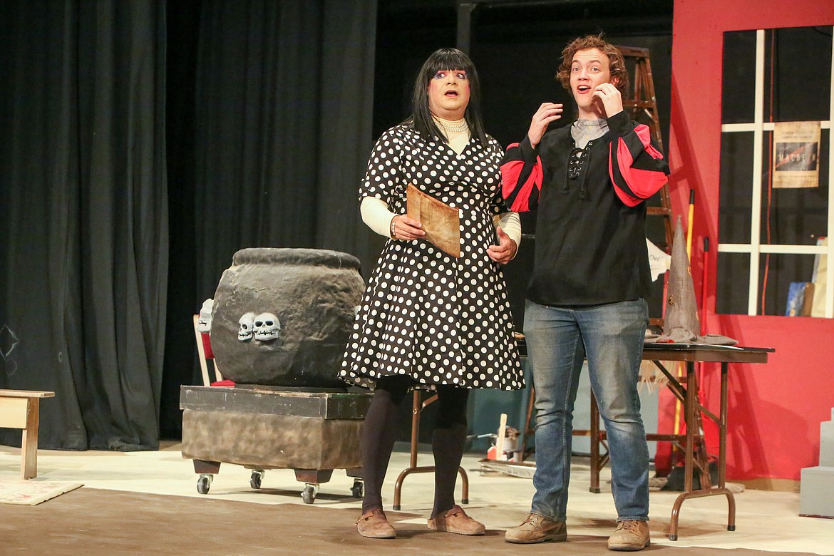 Left to right, Bohica B. and Miles Plagerman react on stage Aug. 5 during a dress rehearsal for “Shakespeare Ate My Brain.”