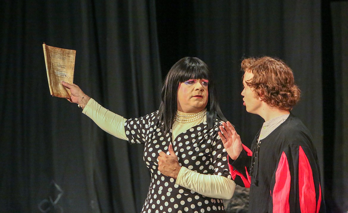 Left to right, Bohica B. and Miles Plagerman run through a scene on stage at Masquers Theater in Soap Lake Aug. 5 in preparation for the premiere of “Shakespeare Ate My Brain” tonight.