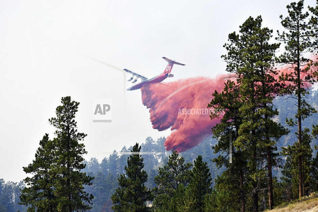 An aircraft drops fire retardant to slow the spread of the Richard Spring fire, east of Lame Deer, Mont., Wednesday, Aug. 11, 2021. The fire spread quickly Wednesday as strong winds pushed the flames across rough, forested terrain. (AP Photo/Matthew Brown)