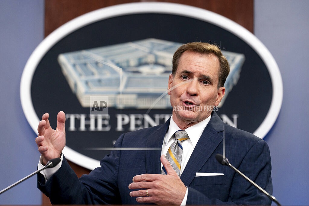 Pentagon spokesman John Kirby speaks during a briefing at the Pentagon in Washington, Thursday, Aug. 12, 2021. With security rapidly deteriorating in Afghanistan, the United States is evacuating some personnel from the U.S. Embassy in Kabul, and U.S. troops with be assisting at the Kabul airport. (AP Photo/Andrew Harnik)