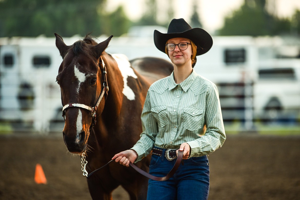 Lilly Joern leads her horse through the pattern during senior level Showmanship at the 4-H Horse Show at the Northwest Montana Fair on Saturday, Aug. 14. (Casey Kreider/Daily Inter Lake)