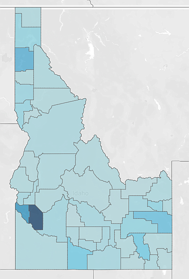 A 2020 population map of Idaho taken from the U.S. Census Bureau. Bonner County is home to 47,110 people, an increase of 15.2% compared to 2010 census data.