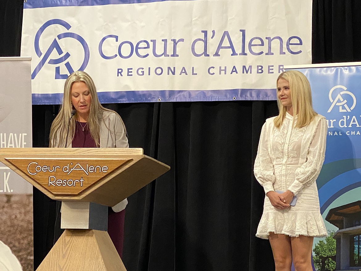 CDA Regional Chamber of Commerce Board Chair Ann Thomas, left, introduced New York Times best-selling author Elizabeth Smart as the keynote speaker for the Women's Luncheon Tuesday afternoon. (MADISON HARDY/Press)
