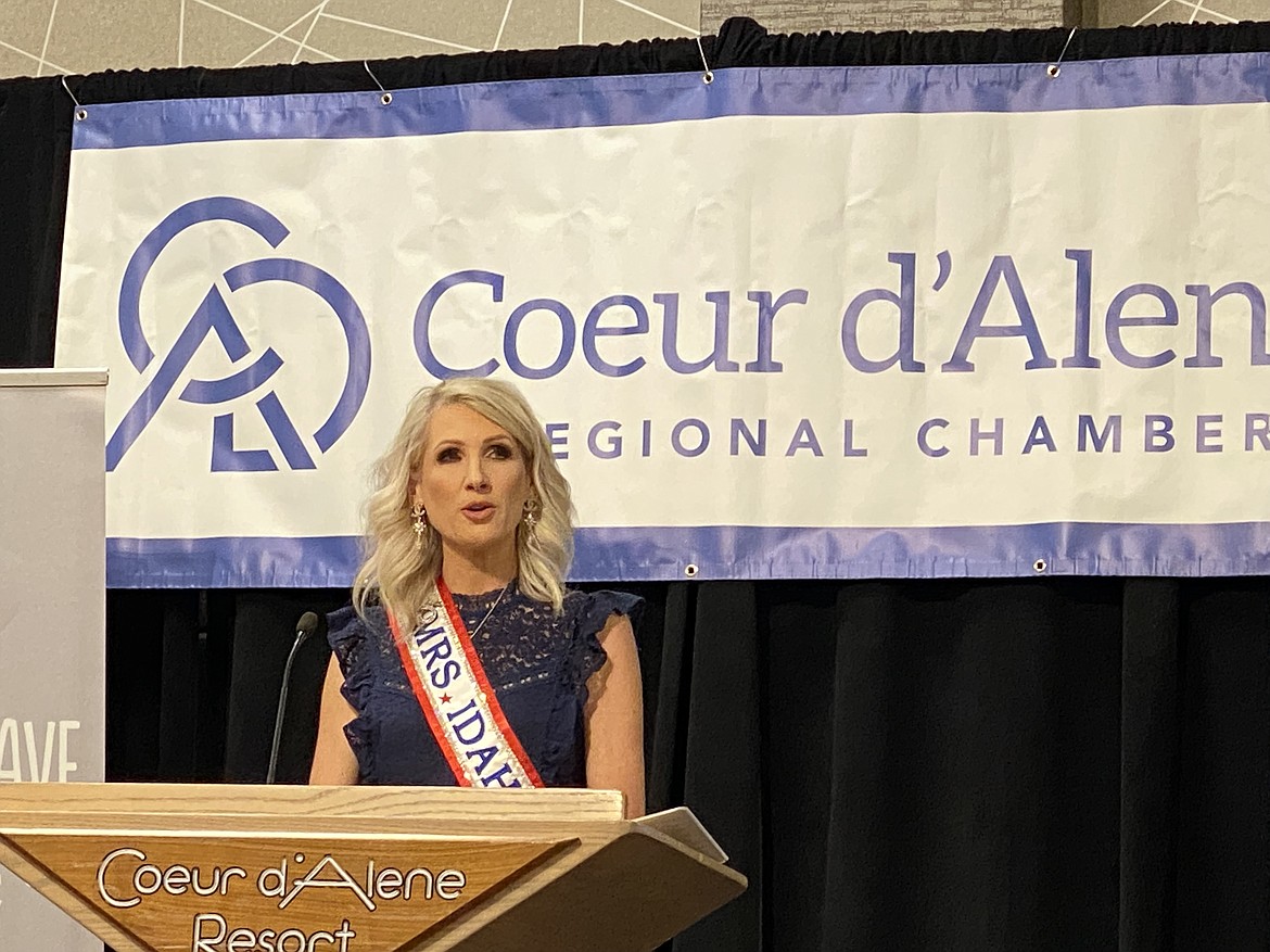 Marie Widmyer - businesswoman, mother, wife, and recently crowned Mrs. Idaho, shared her background with attendees of the CDA Regional Chamber of Commerce Women's Luncheon Tuesday afternoon. (MADISON HARDY/Press)